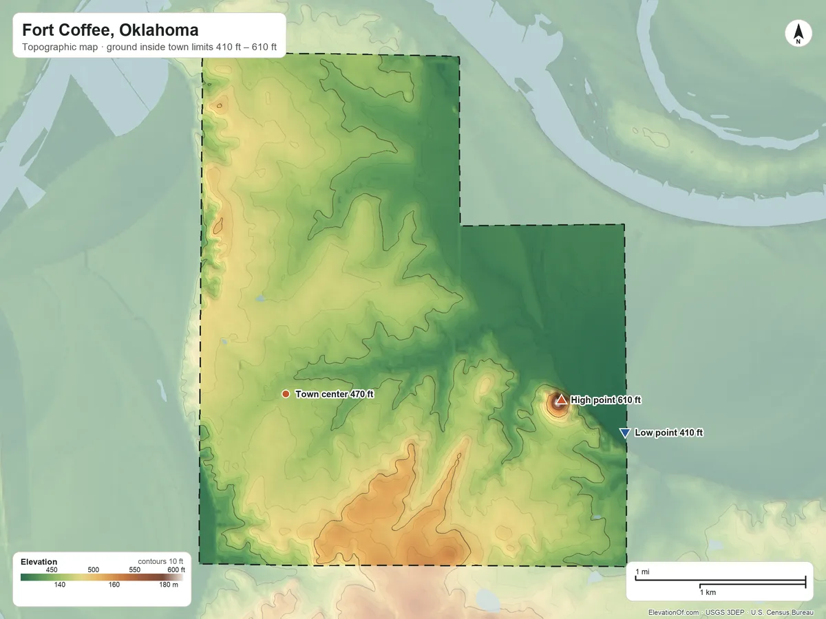 Topographic elevation map of Fort Coffee, Oklahoma, shaded from 410 ft on the east side to 610 ft on the east side