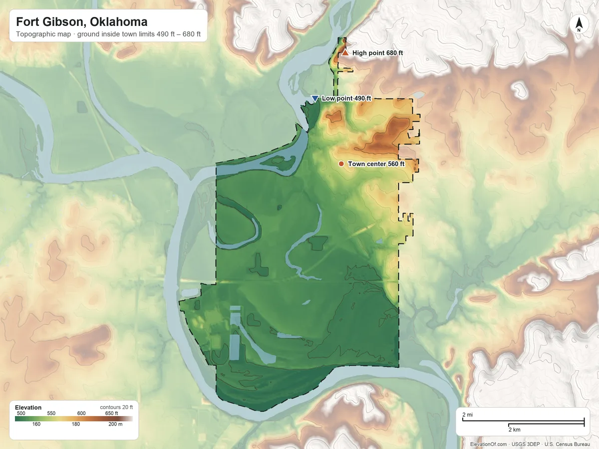 Topographic elevation map of Fort Gibson, Oklahoma, shaded from 490 ft on the north side to 680 ft on the north side
