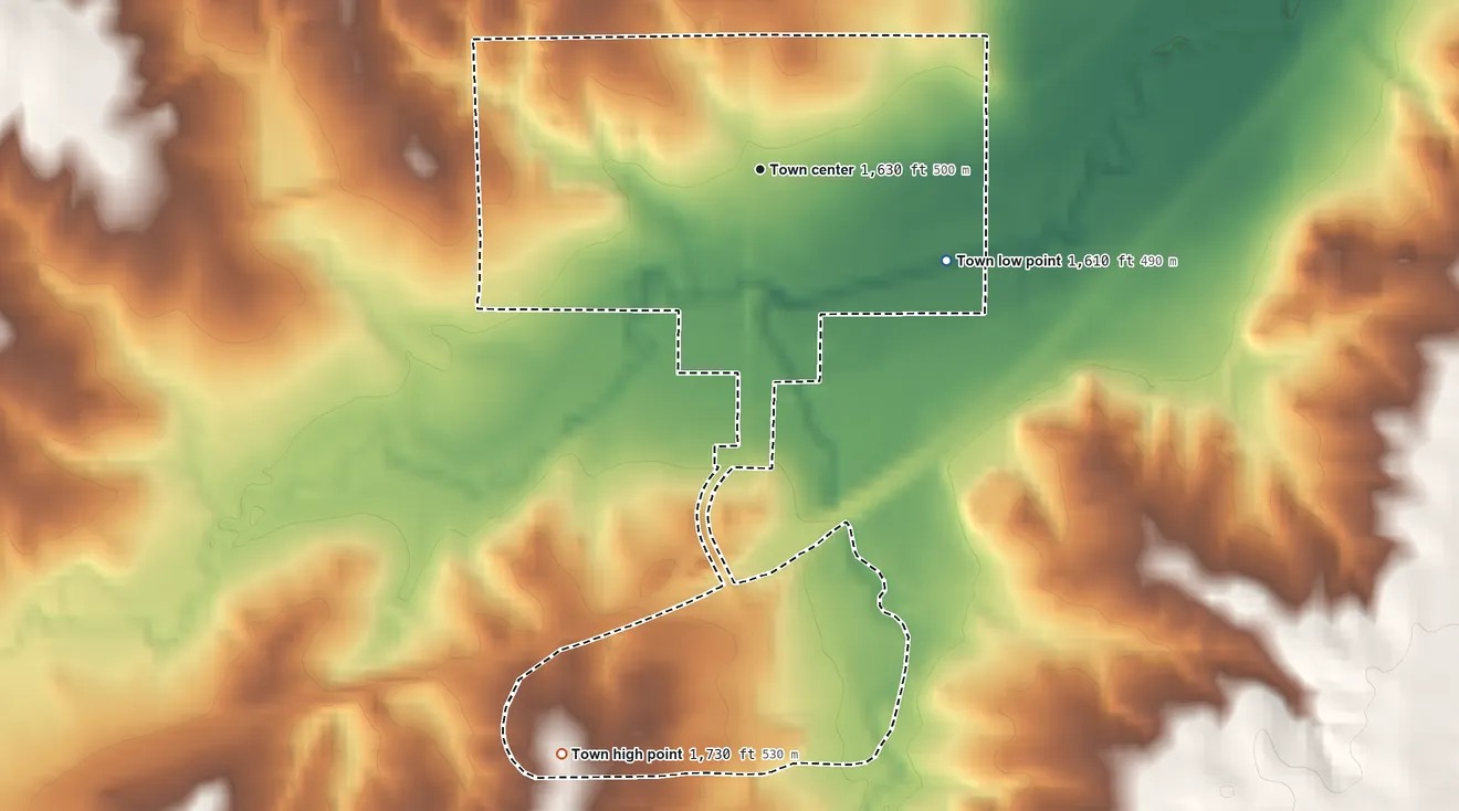 Topographic elevation map of Foss, Oklahoma, shaded from 1,610 ft on the southeast side to 1,730 ft on the south side