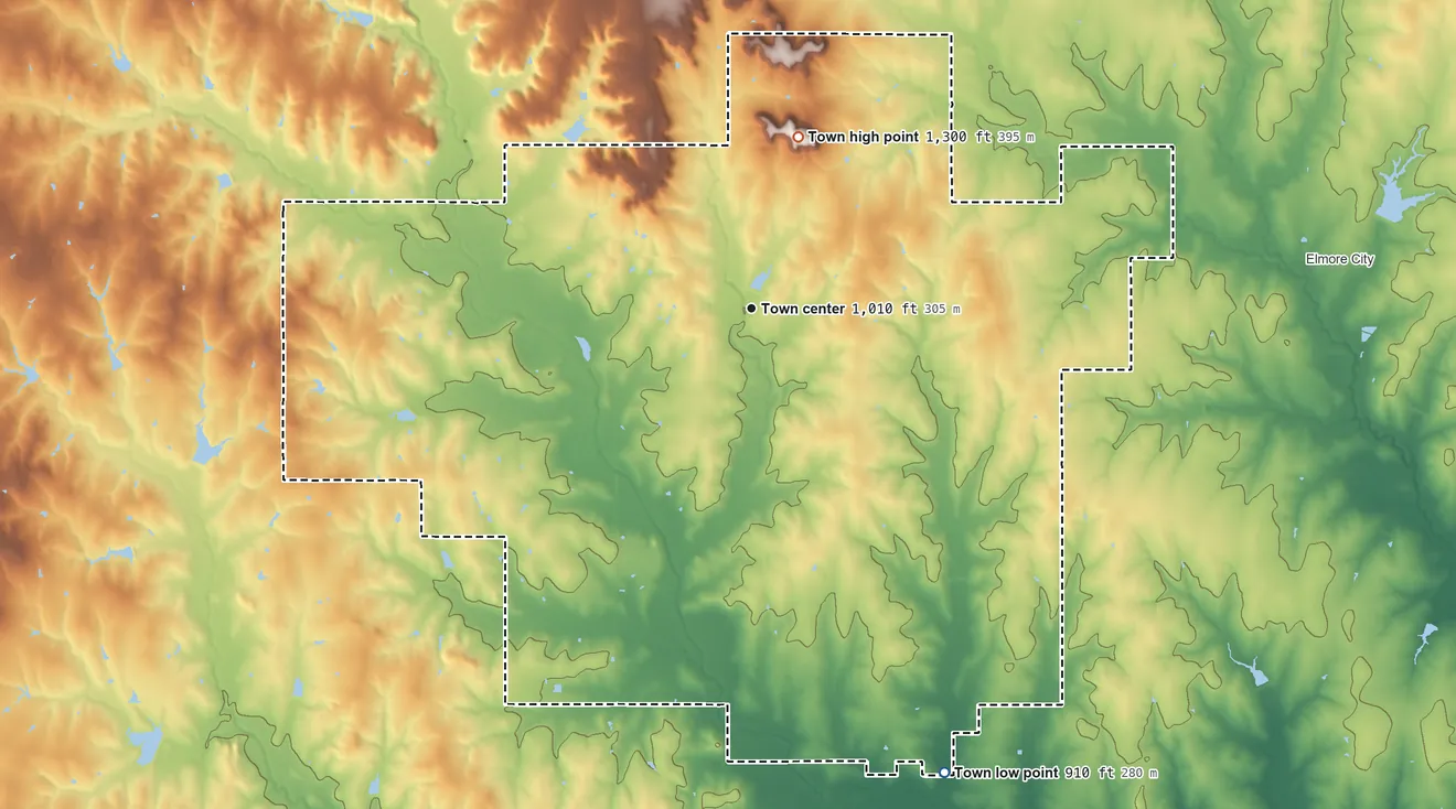 Topographic elevation map of Foster, Oklahoma, shaded from 910 ft on the southeast side to 1,300 ft on the north side