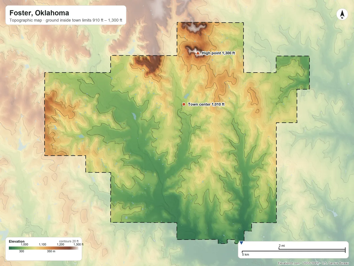 Topographic elevation map of Foster, Oklahoma, shaded from 910 ft on the southeast side to 1,300 ft on the north side