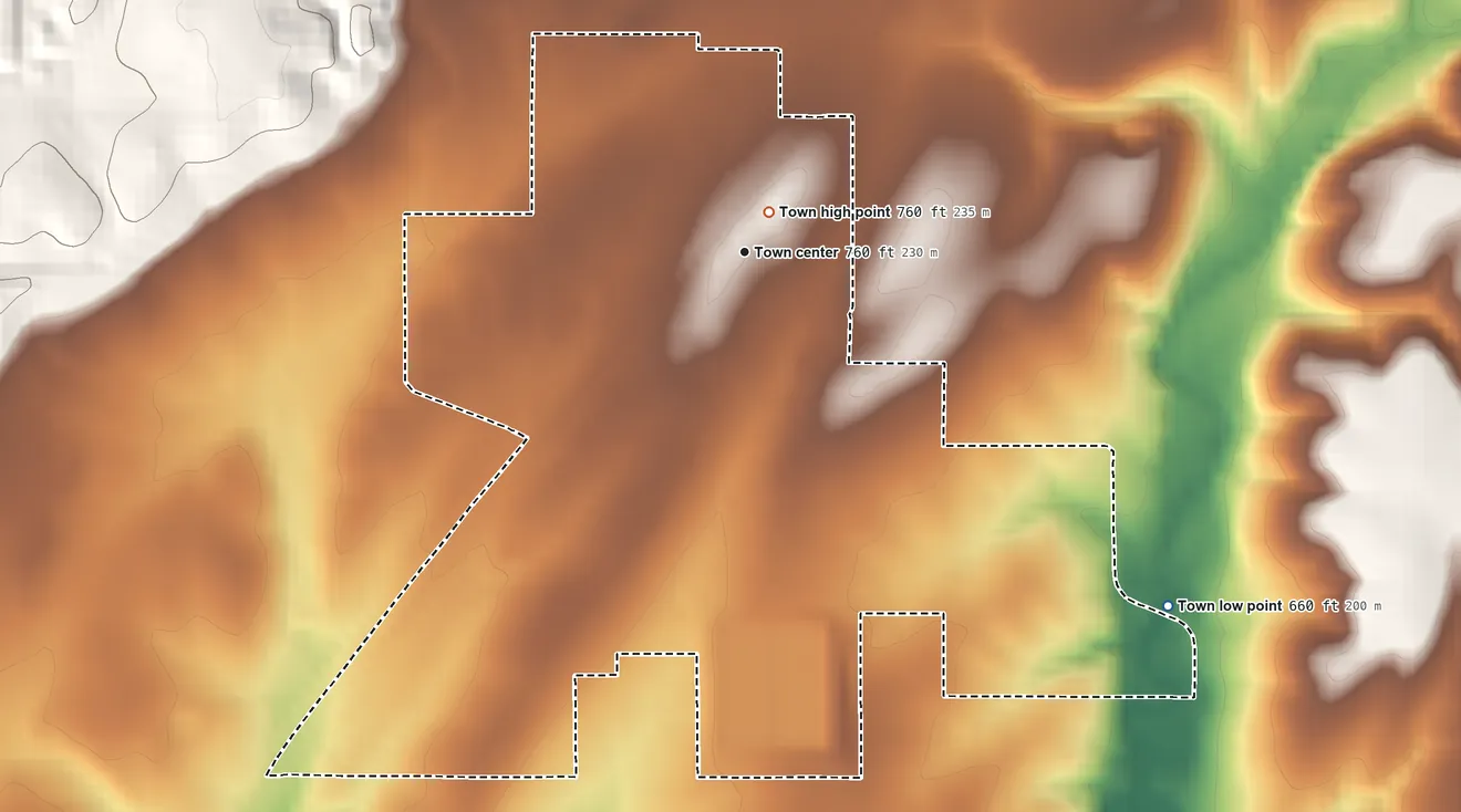 Topographic elevation map of Foyil, Oklahoma, shaded from 660 ft on the southeast side to 760 ft near the middle