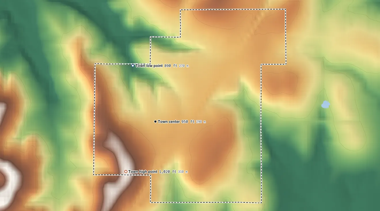 Topographic elevation map of Francis, Oklahoma, shaded from 890 ft on the north side to 1,020 ft on the southwest side
