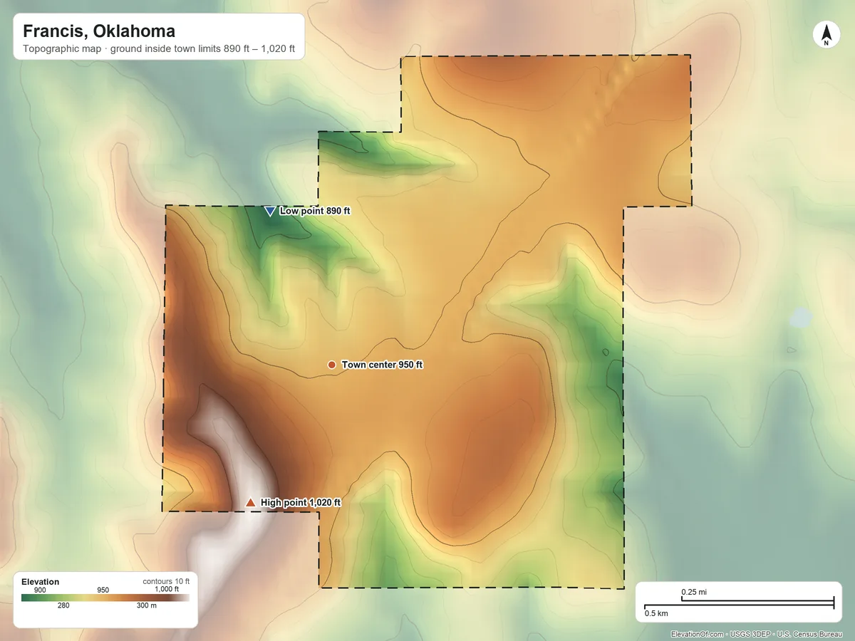 Topographic elevation map of Francis, Oklahoma, shaded from 890 ft on the north side to 1,020 ft on the southwest side