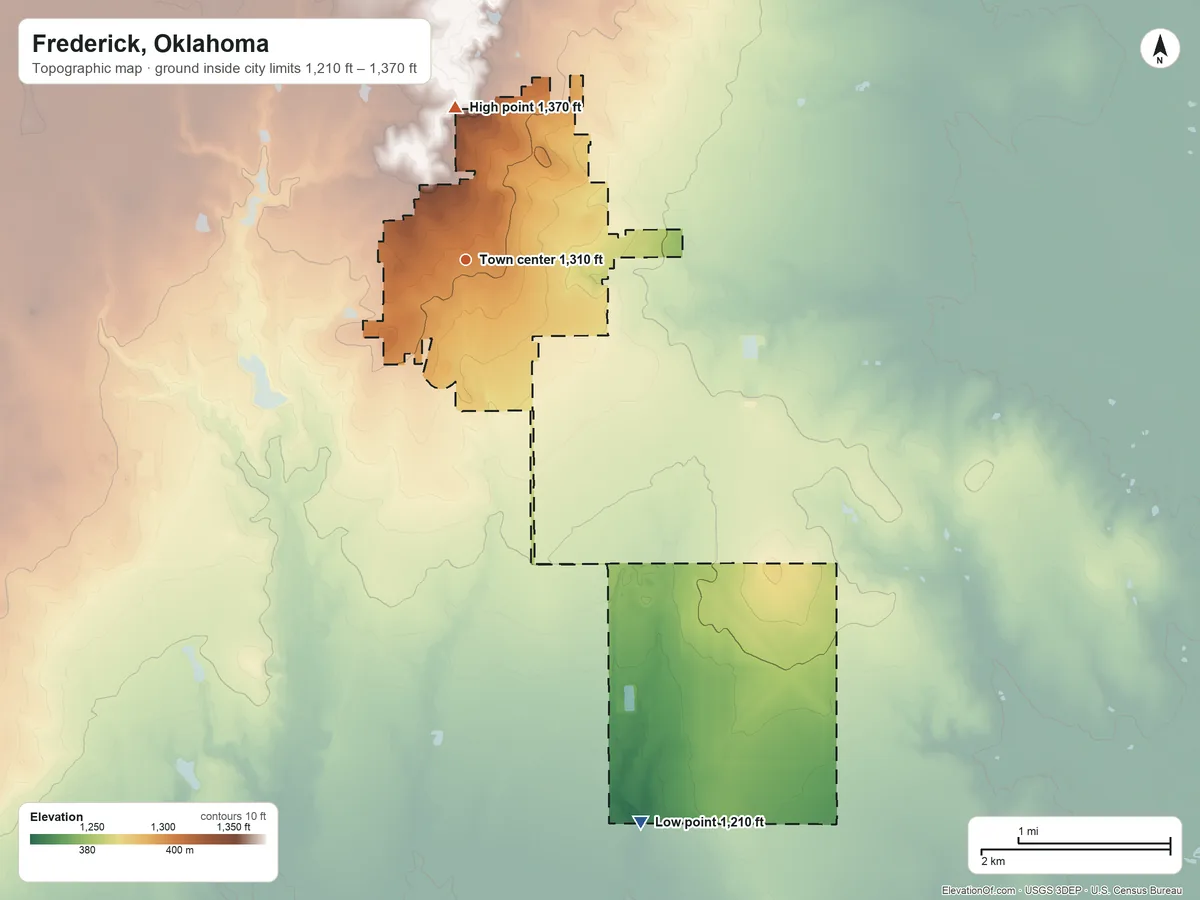 Topographic elevation map of Frederick, Oklahoma, shaded from 1,210 ft on the south side to 1,370 ft on the north side