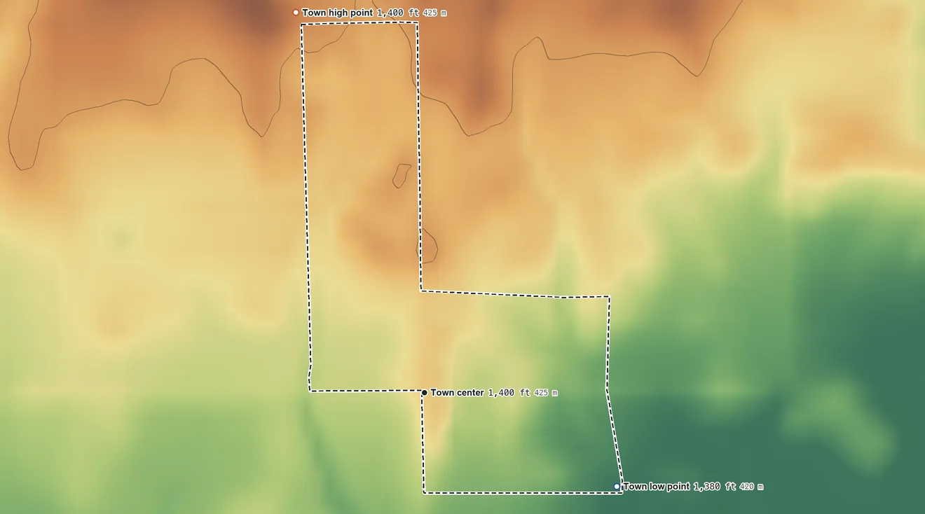 Topographic elevation map of Friendship, Oklahoma, shaded from 1,380 ft on the southeast side to 1,400 ft on the north side