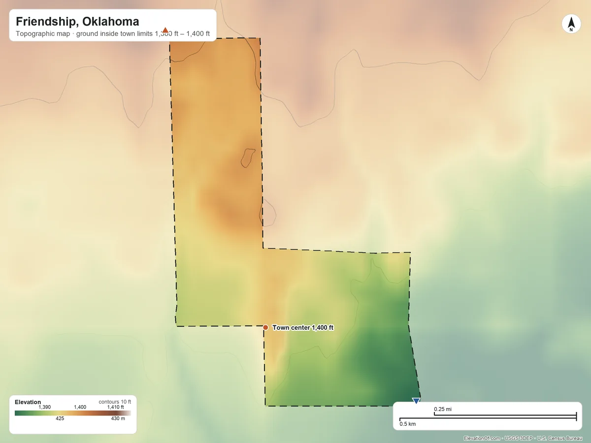 Topographic elevation map of Friendship, Oklahoma, shaded from 1,380 ft on the southeast side to 1,400 ft on the north side