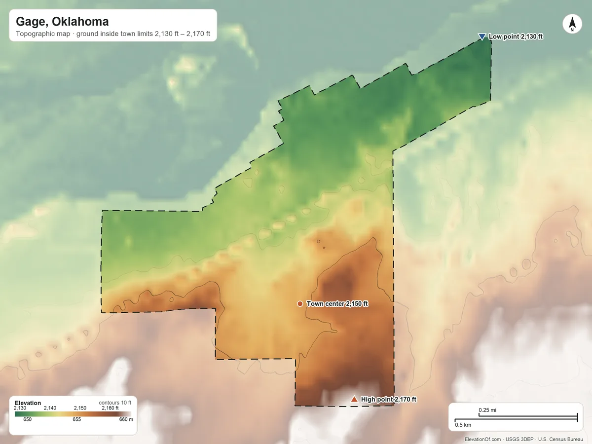 Topographic elevation map of Gage, Oklahoma, shaded from 2,130 ft on the northeast side to 2,170 ft on the southeast side