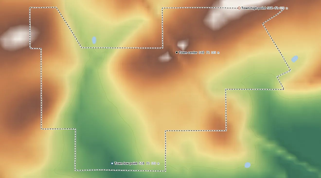 Topographic elevation map of Gans, Oklahoma, shaded from 510 ft on the southwest side to 560 ft on the northeast side