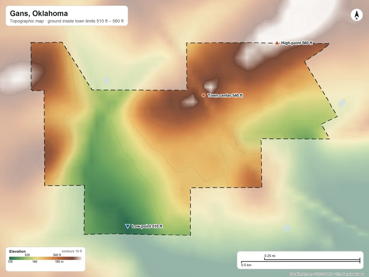 Topographic elevation map of Gans, Oklahoma, shaded from 510 ft on the southwest side to 560 ft on the northeast side