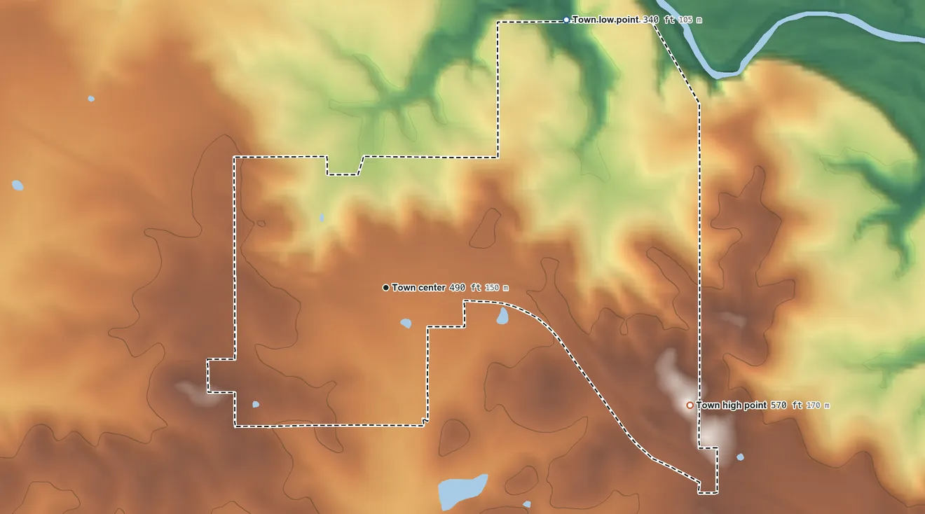 Topographic elevation map of Garvin, Oklahoma, shaded from 340 ft on the northeast side to 570 ft on the east side