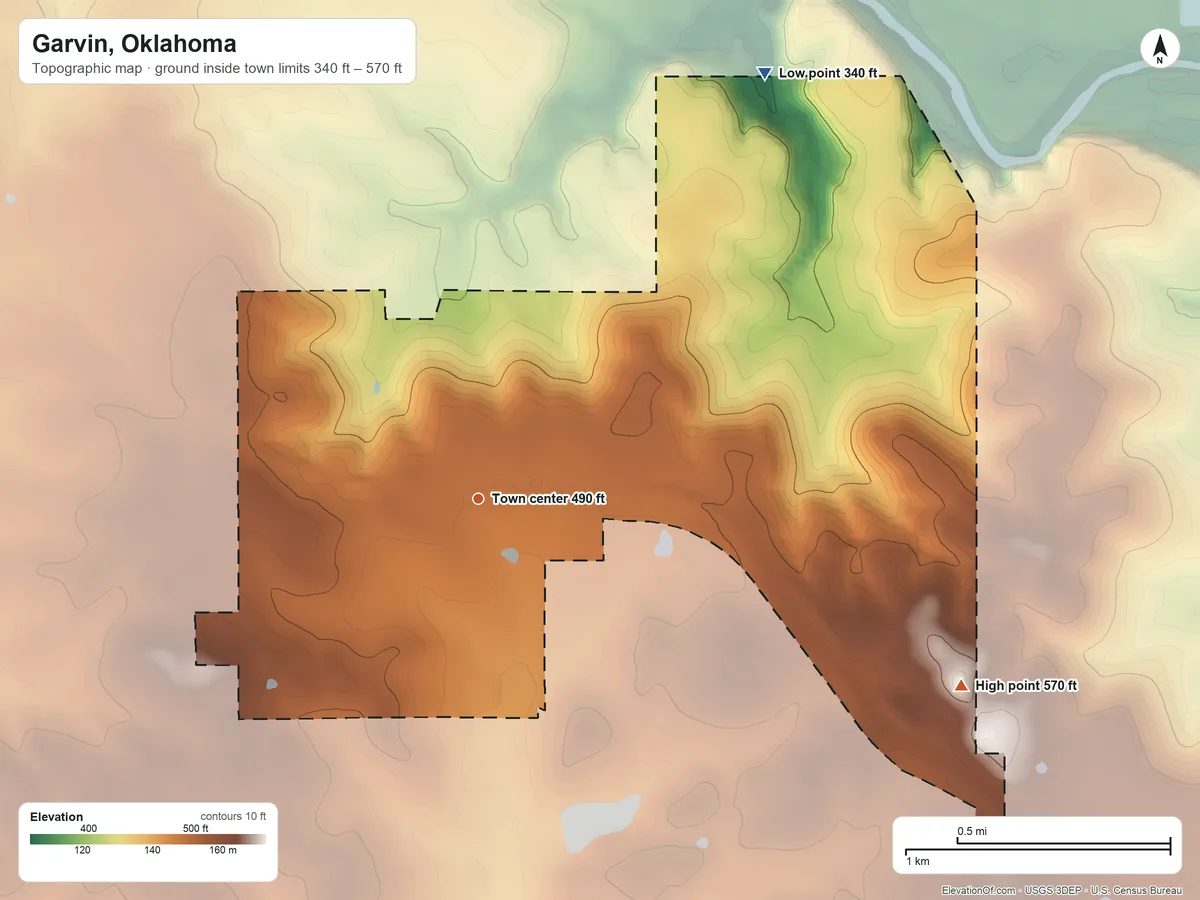 Topographic elevation map of Garvin, Oklahoma, shaded from 340 ft on the northeast side to 570 ft on the east side
