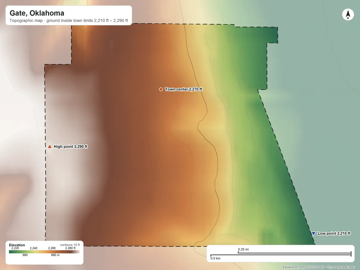 Topographic elevation map of Gate, Oklahoma, shaded from 2,210 ft on the southeast side to 2,290 ft on the southwest side