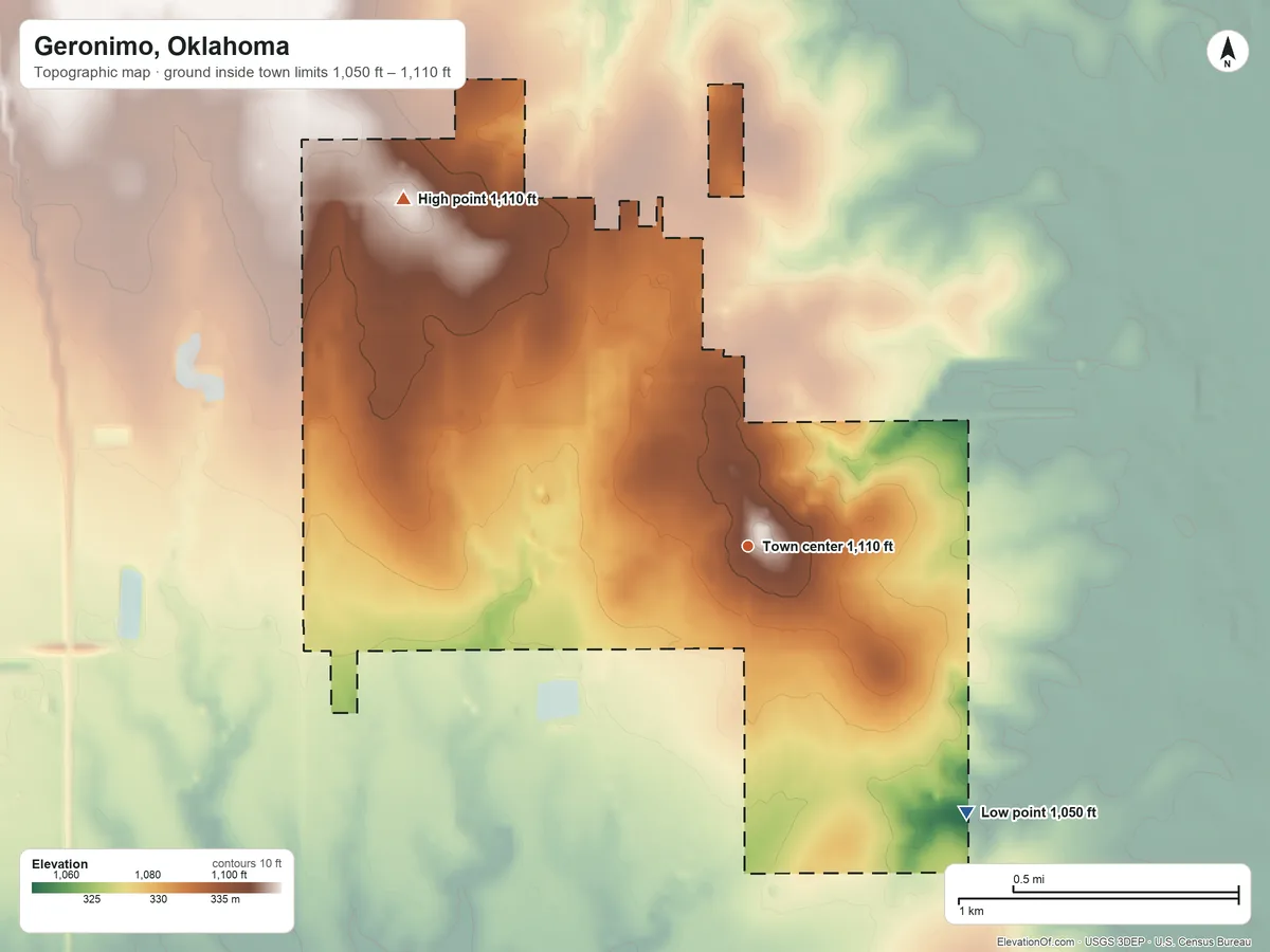 Topographic elevation map of Geronimo, Oklahoma, shaded from 1,050 ft on the southeast side to 1,110 ft on the northwest side