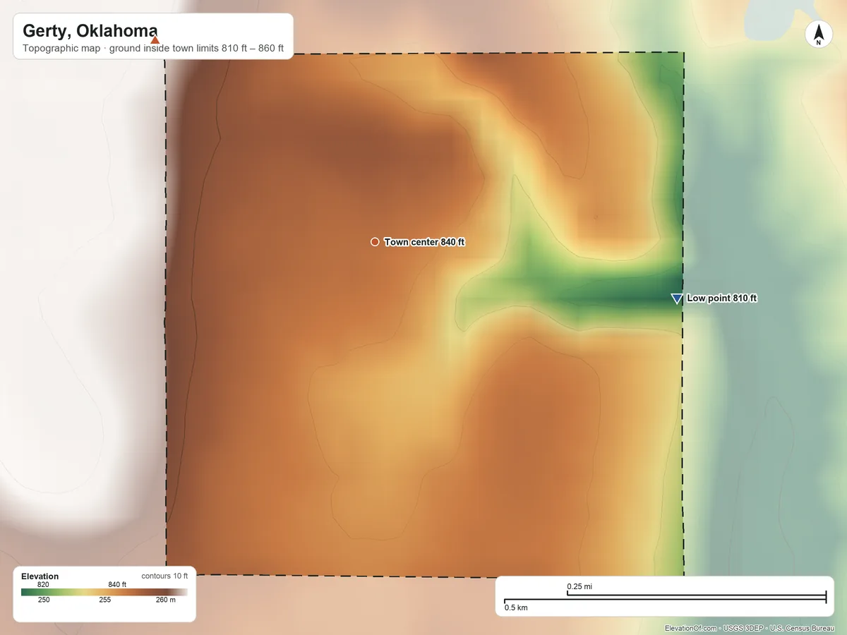 Topographic elevation map of Gerty, Oklahoma, shaded from 810 ft on the east side to 860 ft on the northwest side