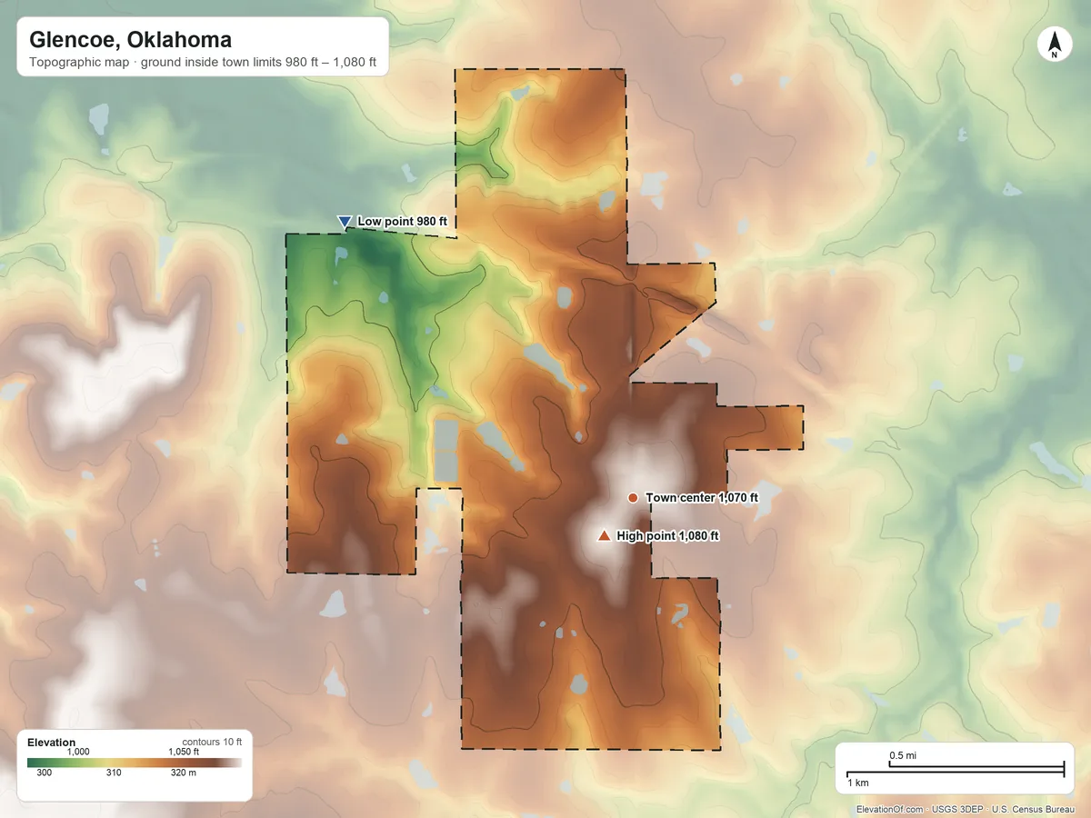 Topographic elevation map of Glencoe, Oklahoma, shaded from 980 ft on the northwest side to 1,080 ft near the middle
