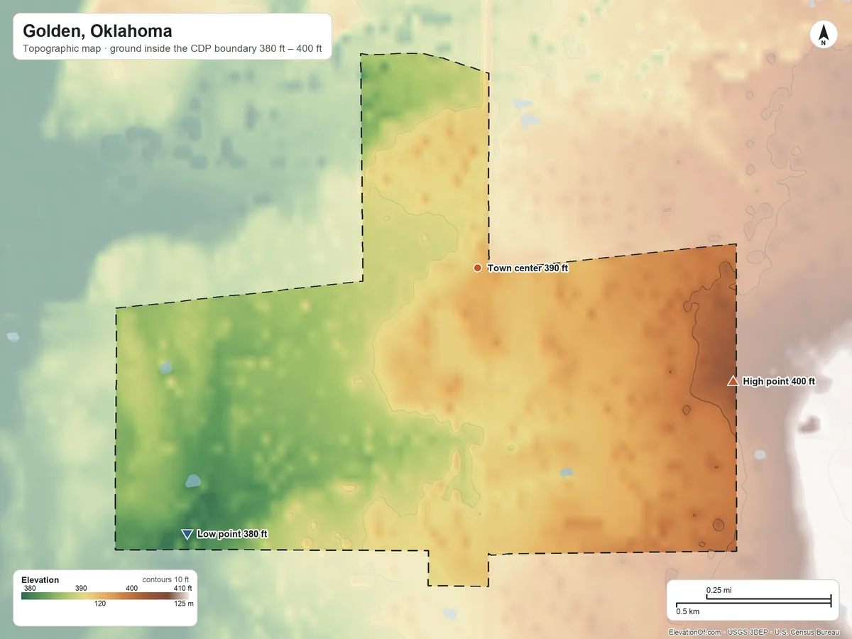Topographic elevation map of Golden, Oklahoma, shaded from 380 ft on the southwest side to 400 ft on the southeast side