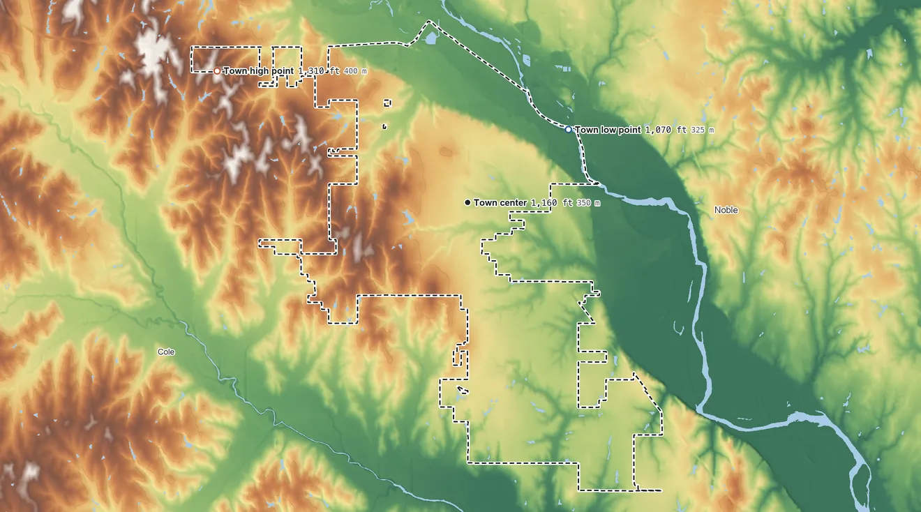 Topographic elevation map of Goldsby, Oklahoma, shaded from 1,070 ft on the northeast side to 1,310 ft on the northwest side