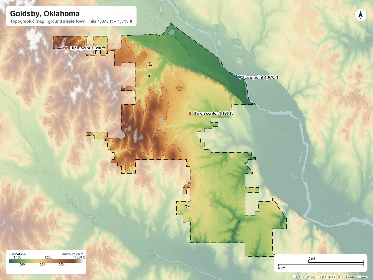 Topographic elevation map of Goldsby, Oklahoma, shaded from 1,070 ft on the northeast side to 1,310 ft on the northwest side