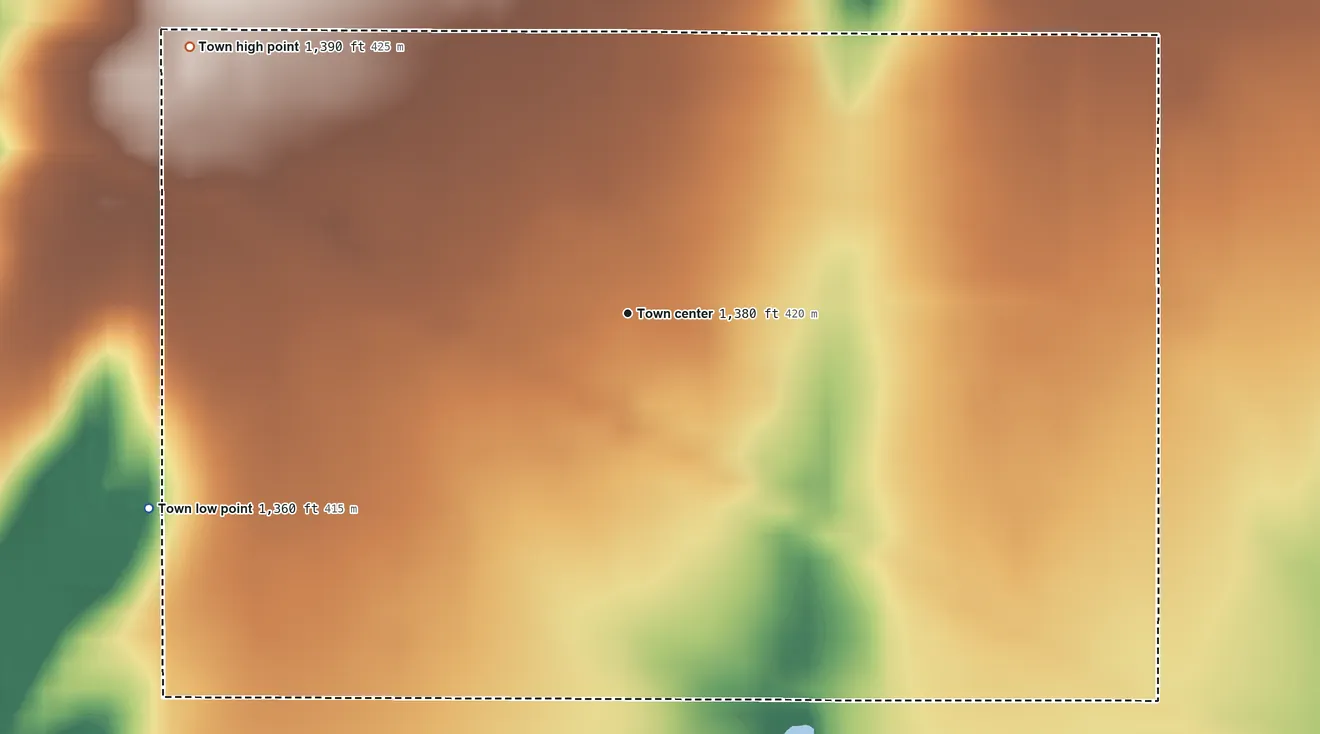 Topographic elevation map of Goltry, Oklahoma, shaded from 1,360 ft on the west side to 1,390 ft on the northwest side