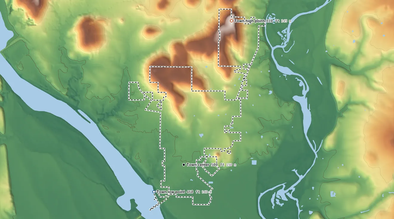 Topographic elevation map of Gore, Oklahoma, shaded from 460 ft on the southwest side to 810 ft on the north side