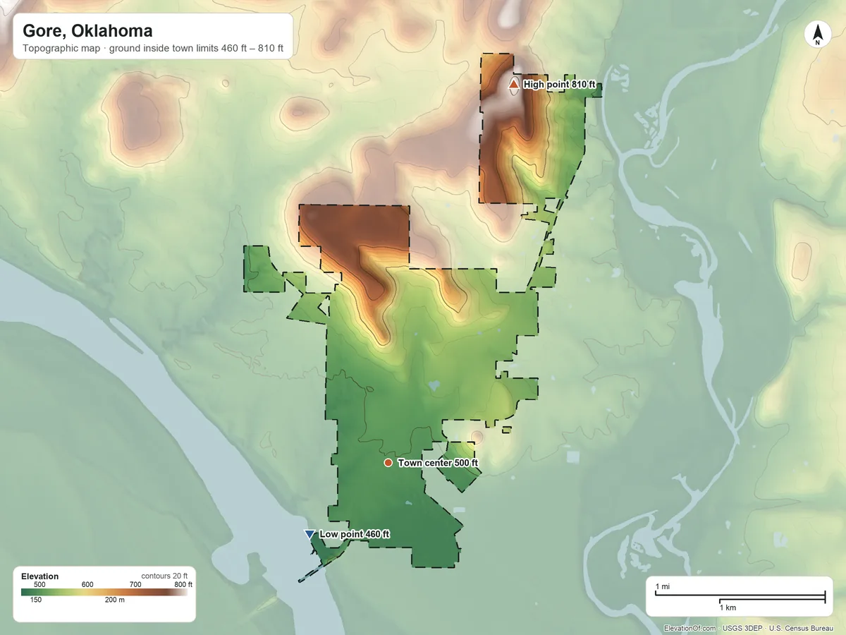 Topographic elevation map of Gore, Oklahoma, shaded from 460 ft on the southwest side to 810 ft on the north side