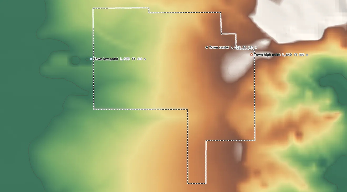 Topographic elevation map of Gould, Oklahoma, shaded from 1,600 ft on the west side to 1,640 ft on the east side