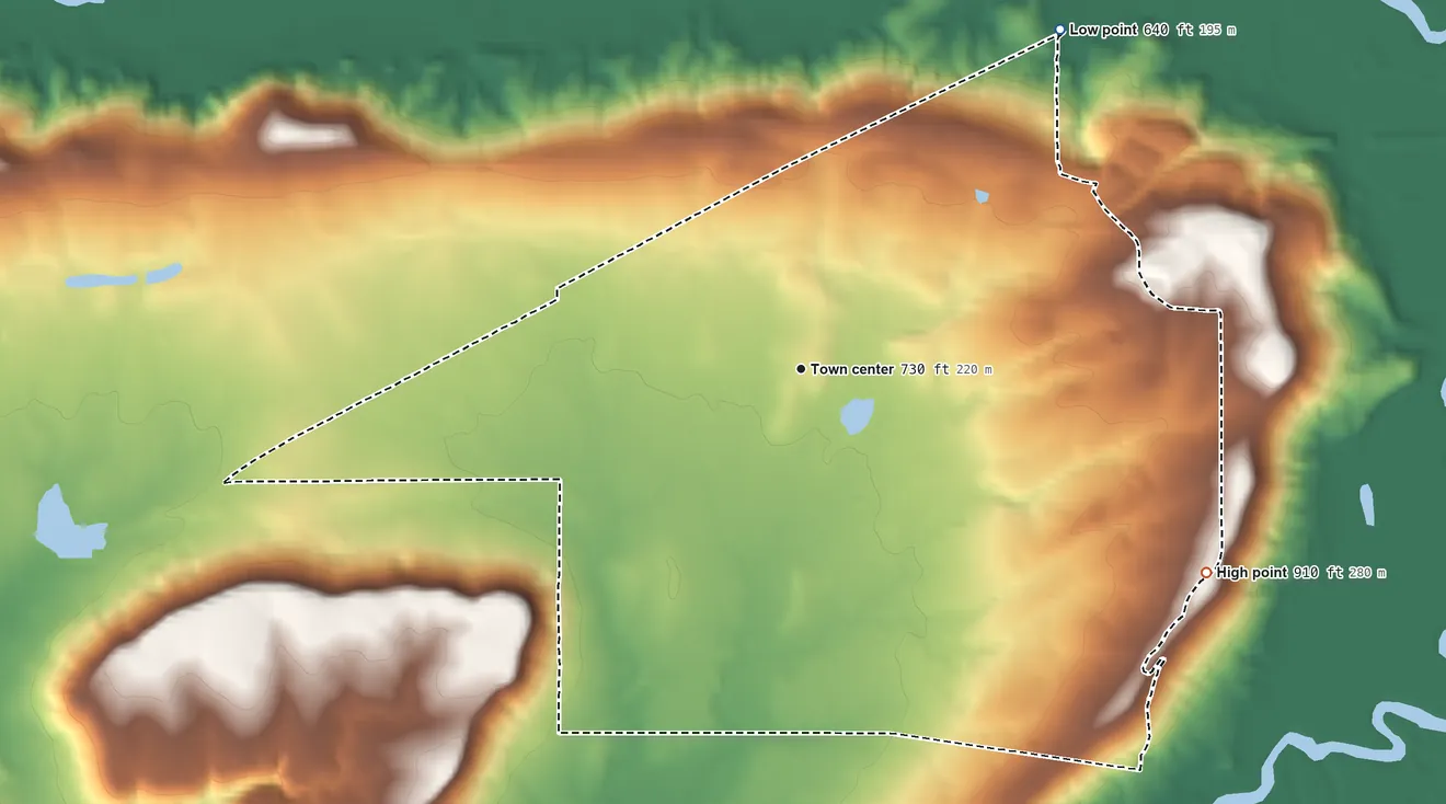 Topographic elevation map of Gowen, Oklahoma, shaded from 640 ft on the northeast side to 910 ft on the southeast side