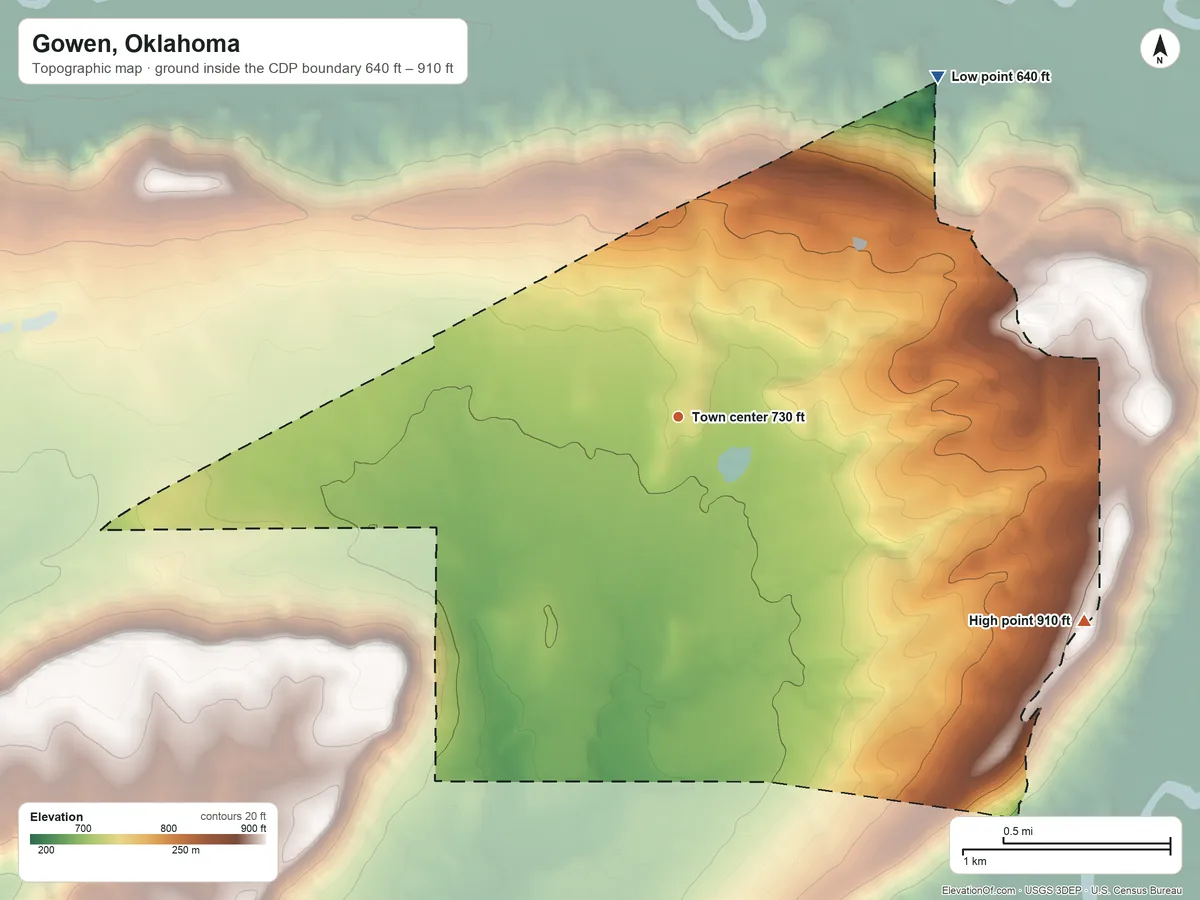 Topographic elevation map of Gowen, Oklahoma, shaded from 640 ft on the northeast side to 910 ft on the southeast side