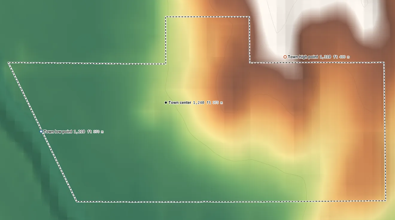 Topographic elevation map of Gracemont, Oklahoma, shaded from 1,210 ft on the west side to 1,310 ft on the east side