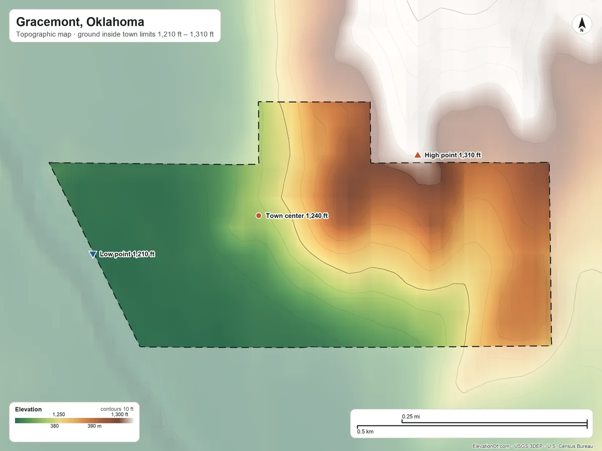 Topographic elevation map of Gracemont, Oklahoma, shaded from 1,210 ft on the west side to 1,310 ft on the east side