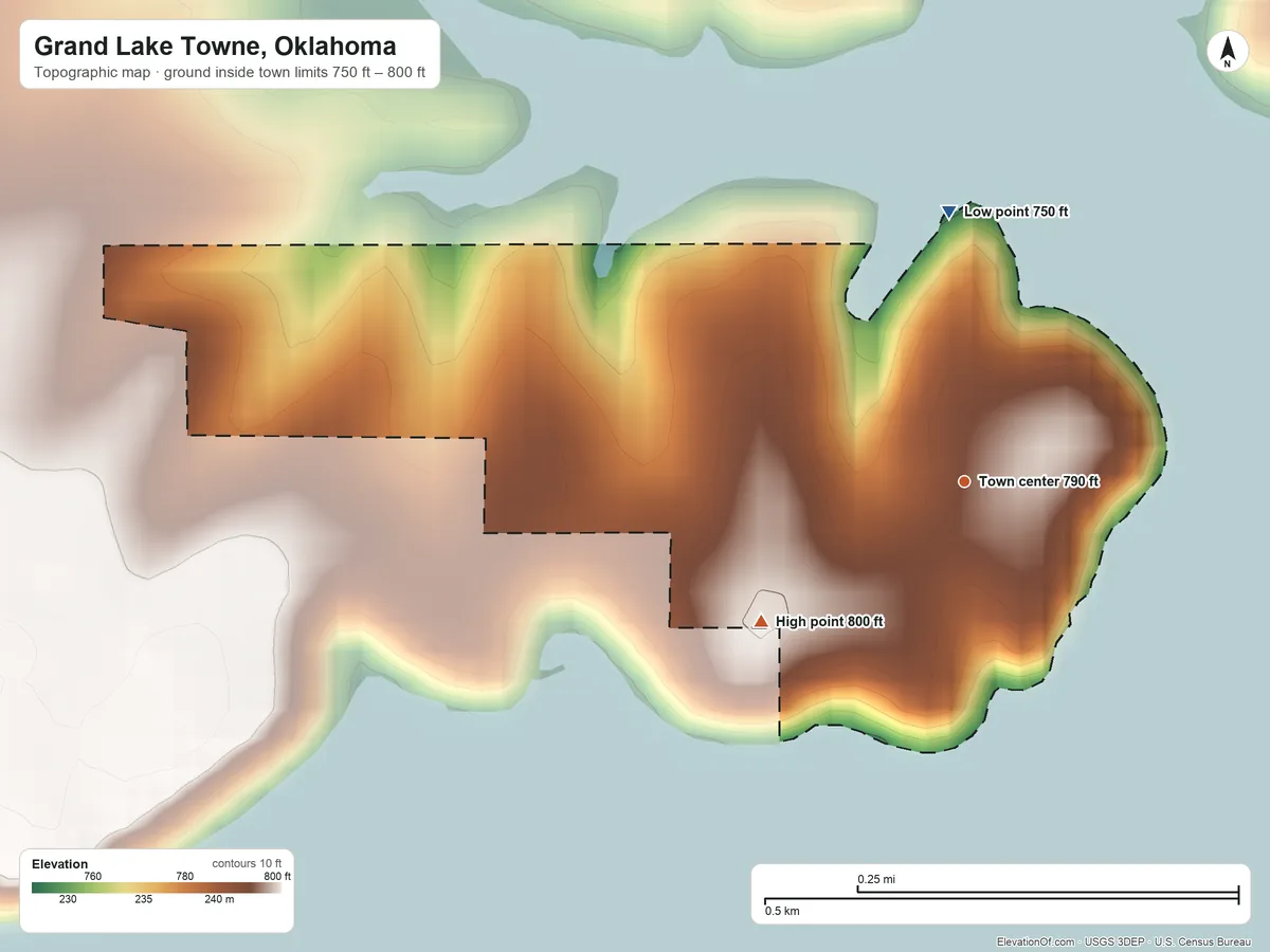 Topographic elevation map of Grand Lake Towne, Oklahoma, shaded from 750 ft on the north side to 800 ft on the southwest side