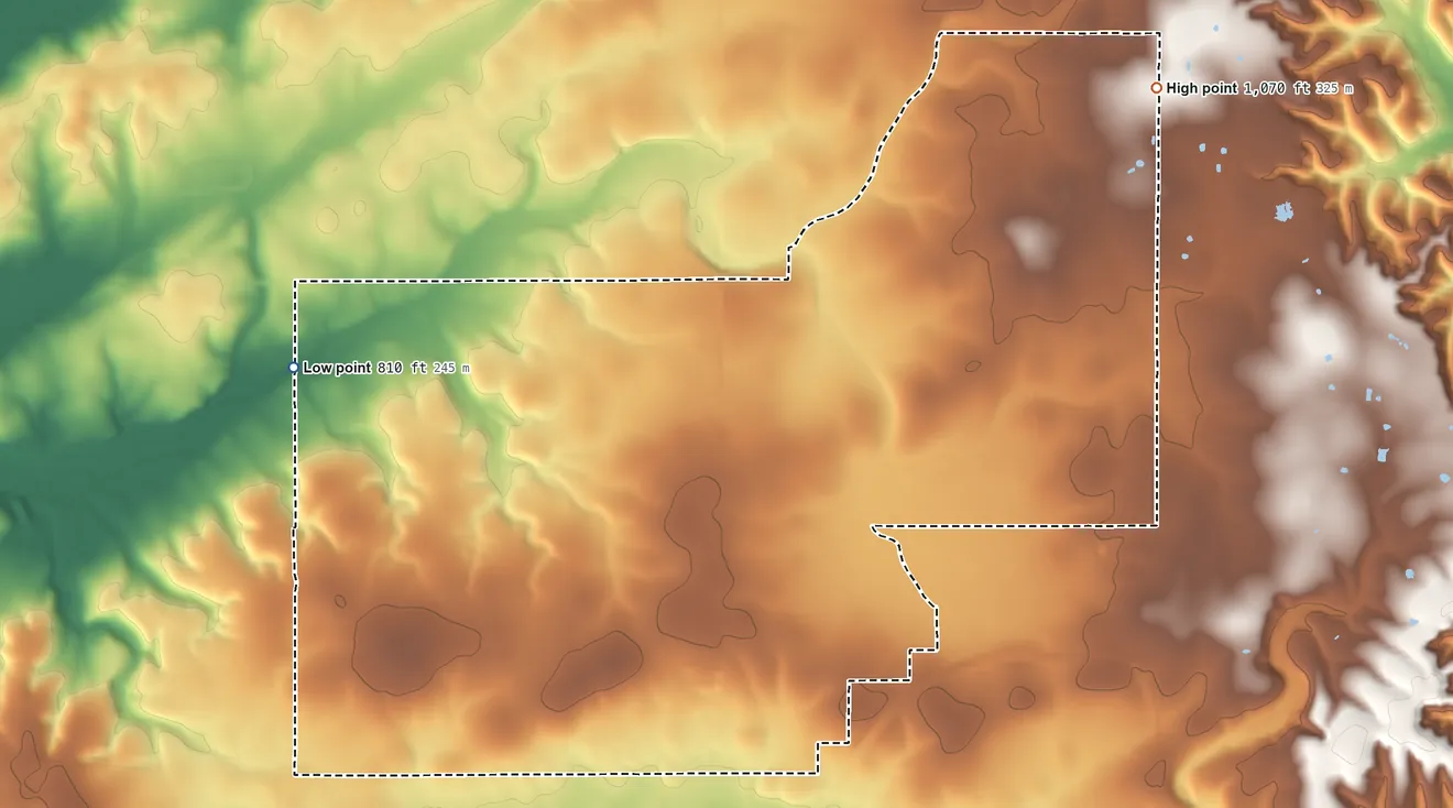 Topographic elevation map of Grandview, Oklahoma, shaded from 810 ft on the west side to 1,070 ft on the northeast side