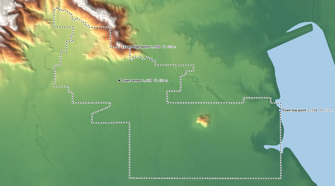 Topographic elevation map of Granite, Oklahoma, shaded from 1,550 ft on the east side to 1,980 ft on the north side