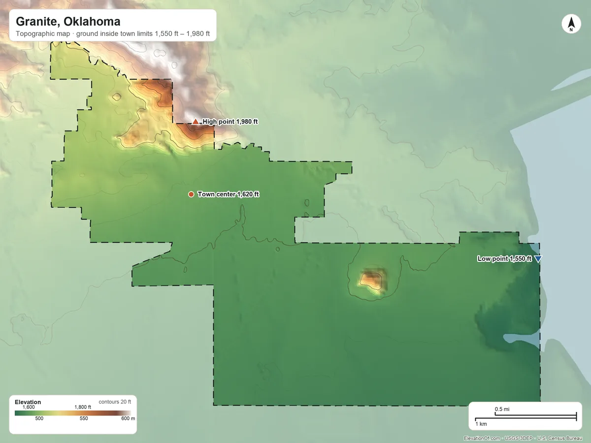 Topographic elevation map of Granite, Oklahoma, shaded from 1,550 ft on the east side to 1,980 ft on the north side
