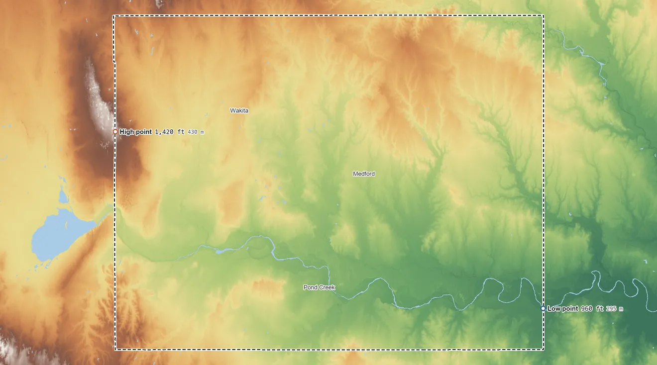 Topographic elevation map of Grant County, Oklahoma, shaded from 960 ft on the southeast side to 1,420 ft on the west side