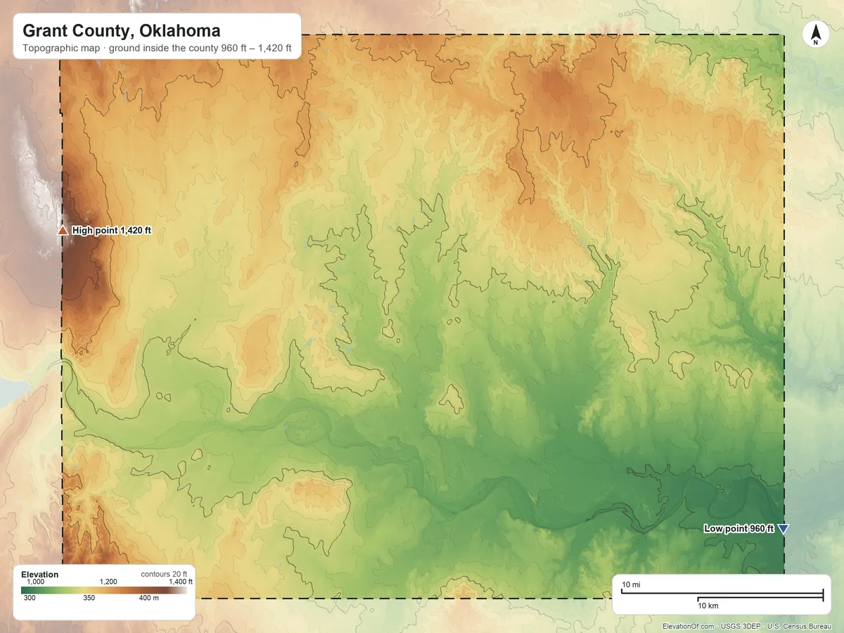 Topographic elevation map of Grant County, Oklahoma, shaded from 960 ft on the southeast side to 1,420 ft on the west side