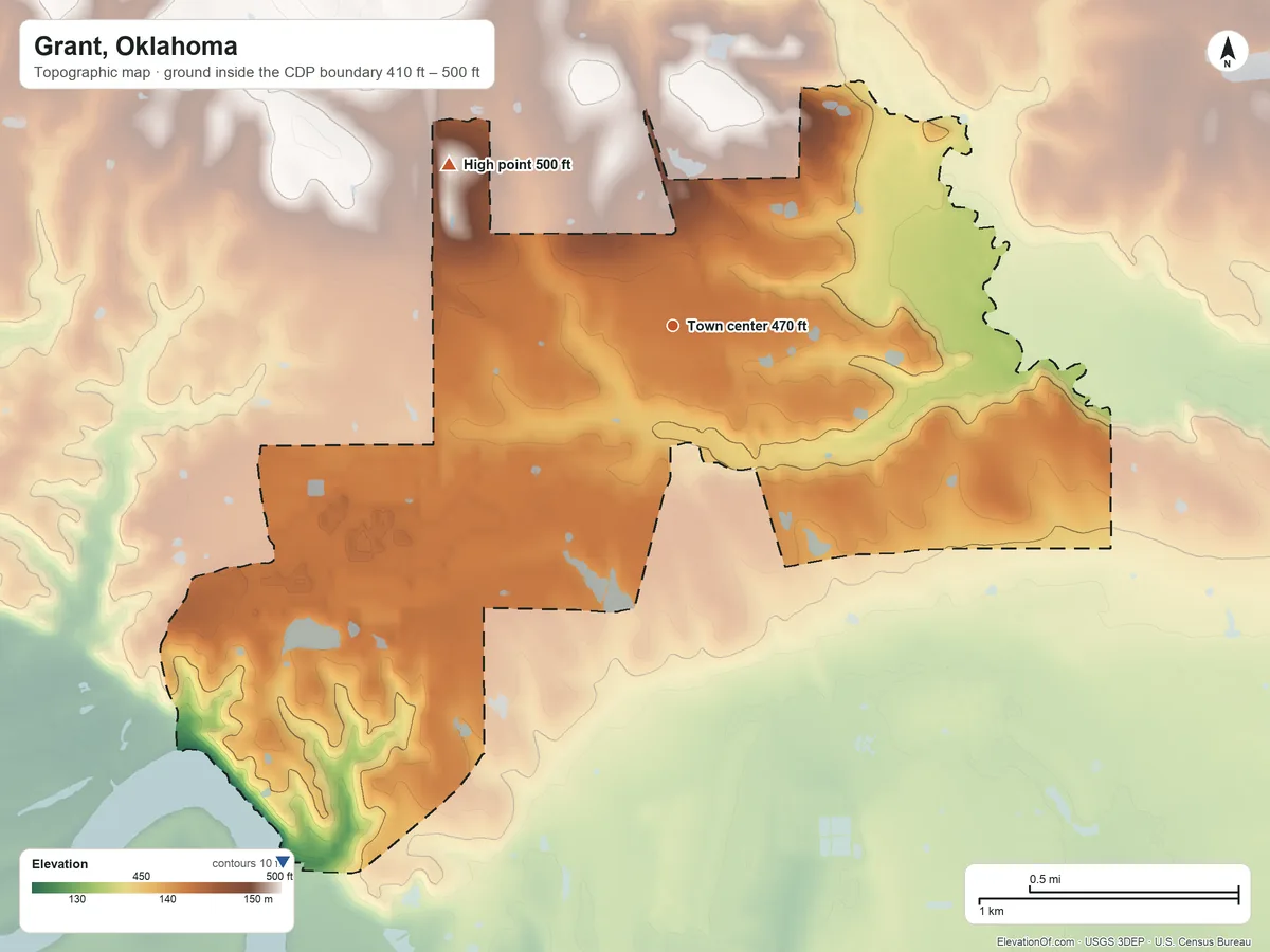 Topographic elevation map of Grant, Oklahoma, shaded from 410 ft on the southwest side to 500 ft on the northwest side