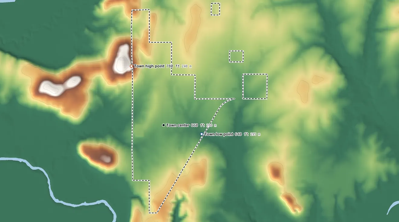 Topographic elevation map of Grayson, Oklahoma, shaded from 640 ft on the east side to 780 ft on the northwest side
