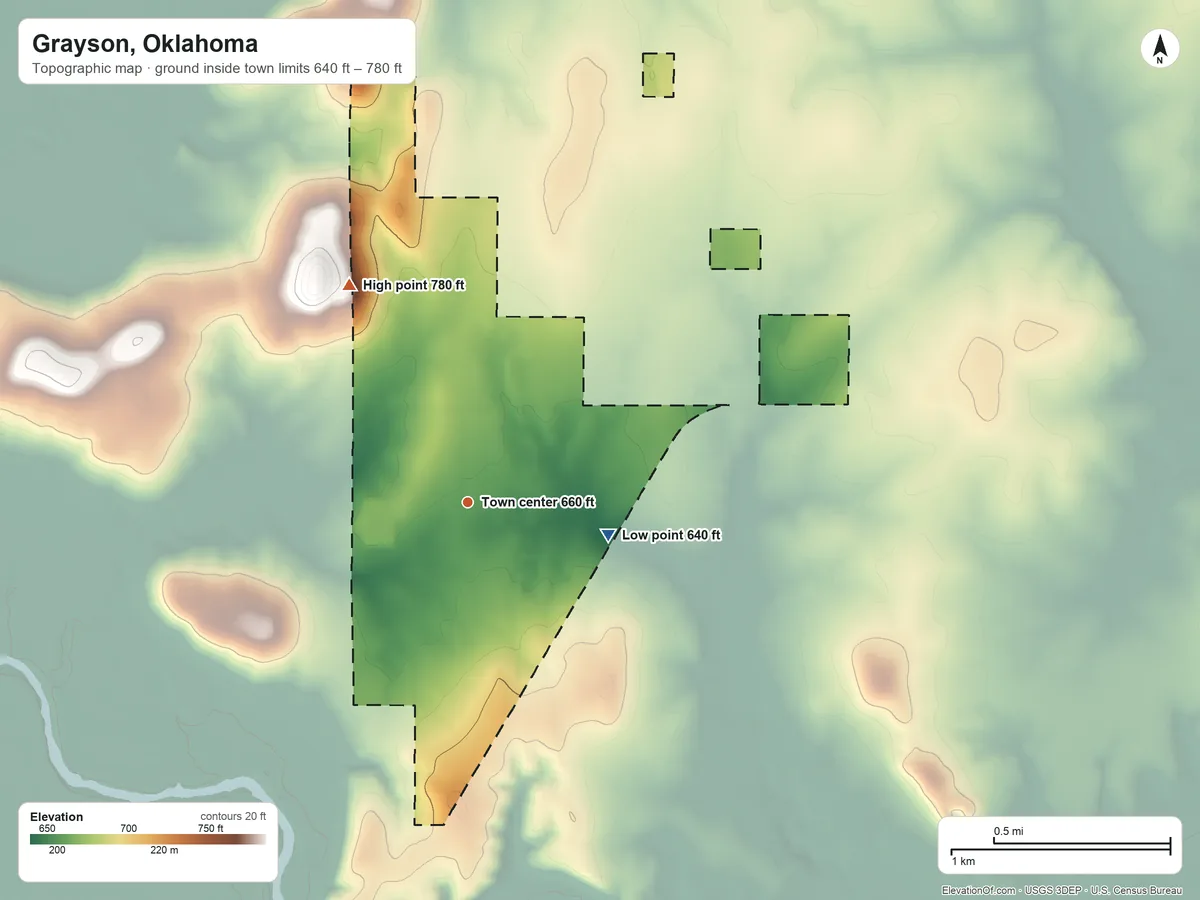 Topographic elevation map of Grayson, Oklahoma, shaded from 640 ft on the east side to 780 ft on the northwest side