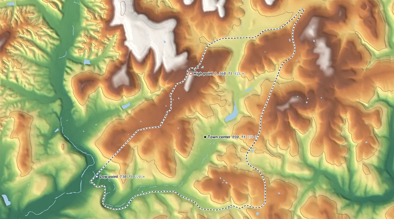 Topographic elevation map of Greasy, Oklahoma, shaded from 730 ft on the west side to 1,360 ft on Hudson Mountain