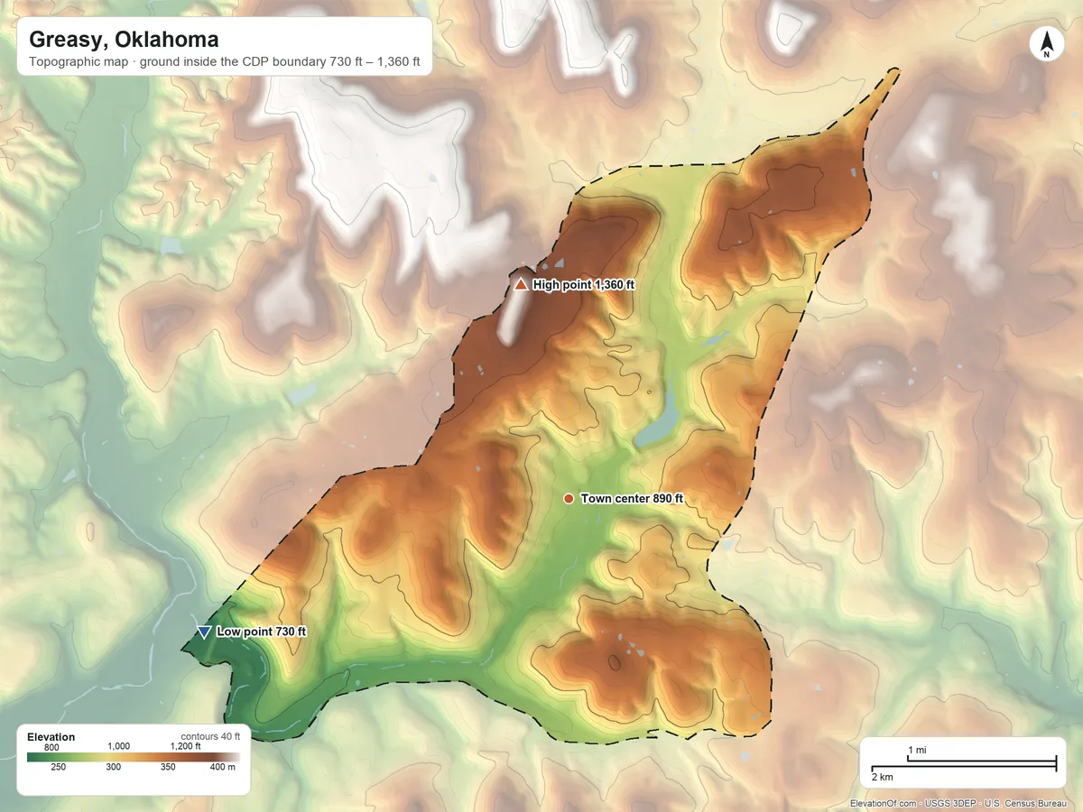 Topographic elevation map of Greasy, Oklahoma, shaded from 730 ft on the west side to 1,360 ft on Hudson Mountain