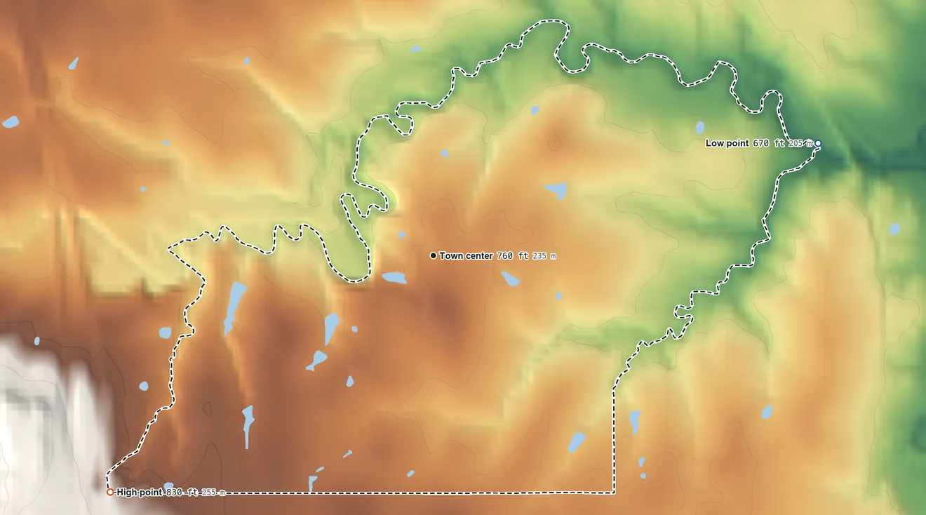 Topographic elevation map of Greenville, Oklahoma, shaded from 670 ft on the east side to 830 ft on the southwest side