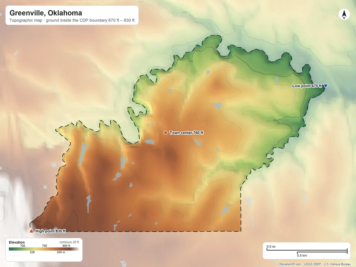 Topographic elevation map of Greenville, Oklahoma, shaded from 670 ft on the east side to 830 ft on the southwest side