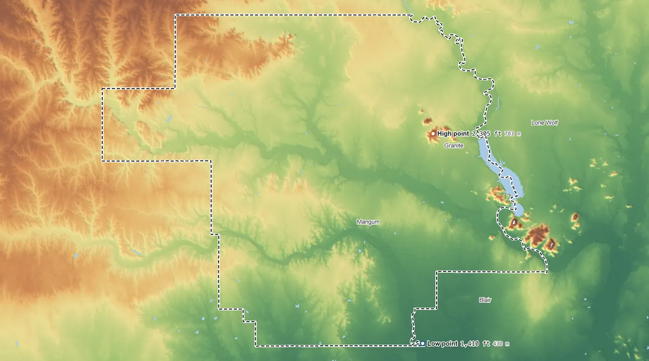 Topographic elevation map of Greer County, Oklahoma, shaded from 1,410 ft on the southeast side to 2,305 ft on Walsh Mountain