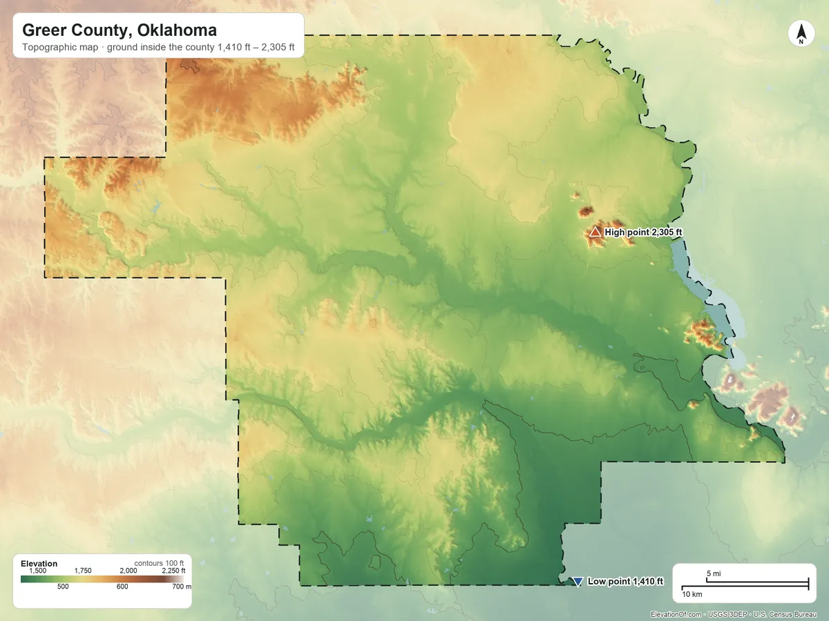 Topographic elevation map of Greer County, Oklahoma, shaded from 1,410 ft on the southeast side to 2,305 ft on Walsh Mountain