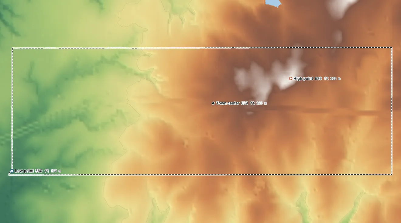 Topographic elevation map of Gregory, Oklahoma, shaded from 560 ft on the west side to 680 ft on the east side