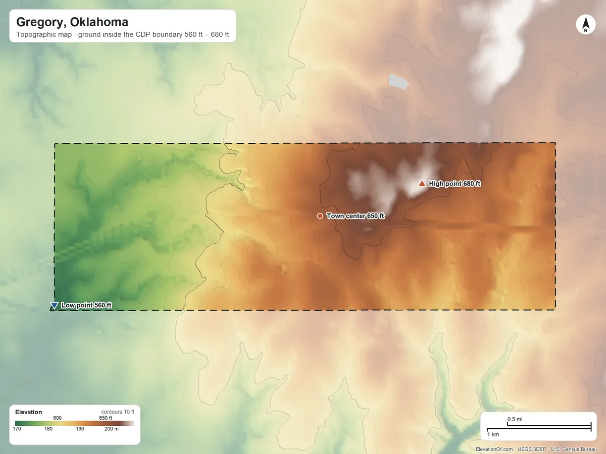 Topographic elevation map of Gregory, Oklahoma, shaded from 560 ft on the west side to 680 ft on the east side