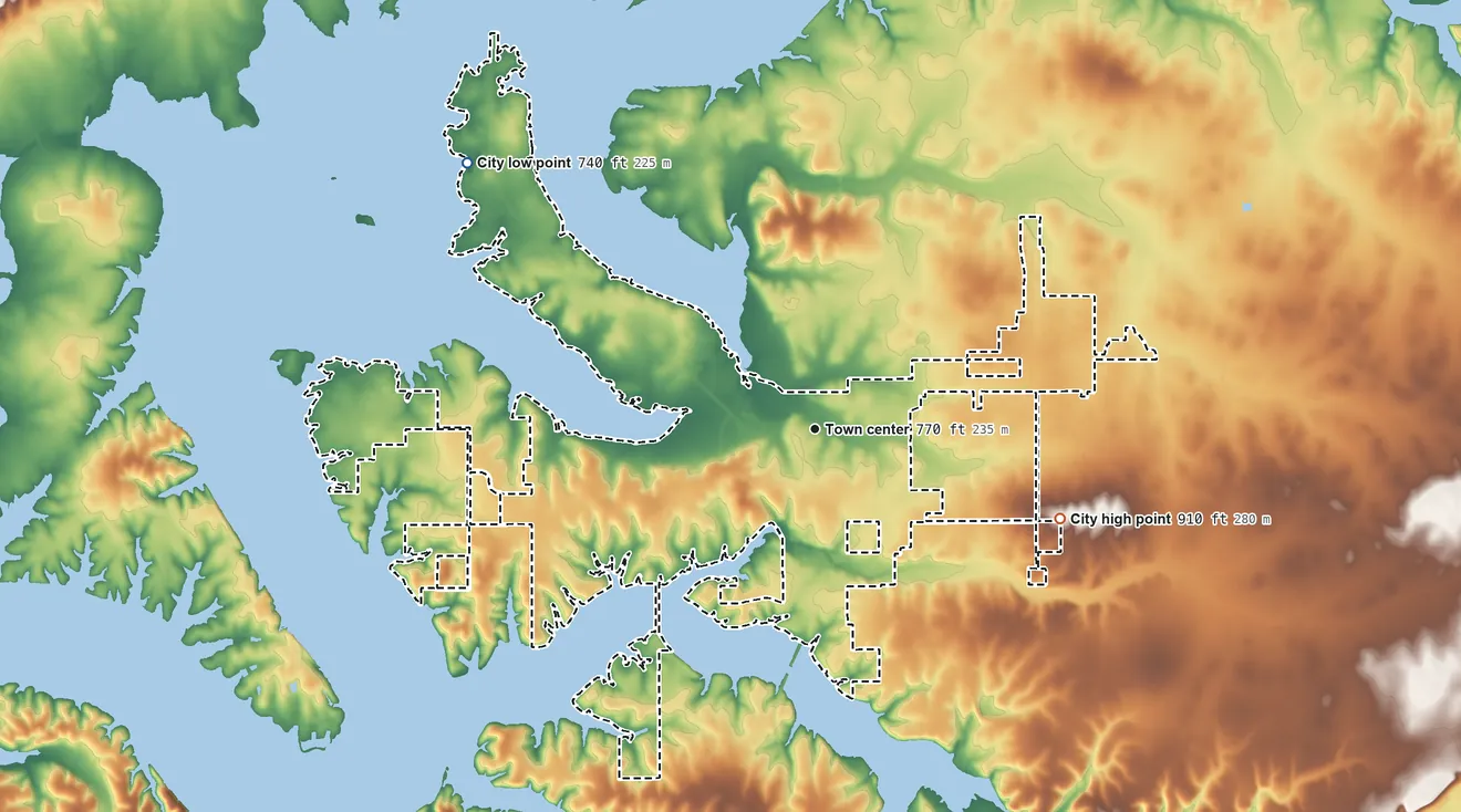 Topographic elevation map of Grove, Oklahoma, shaded from 740 ft on the northwest side to 910 ft on the east side