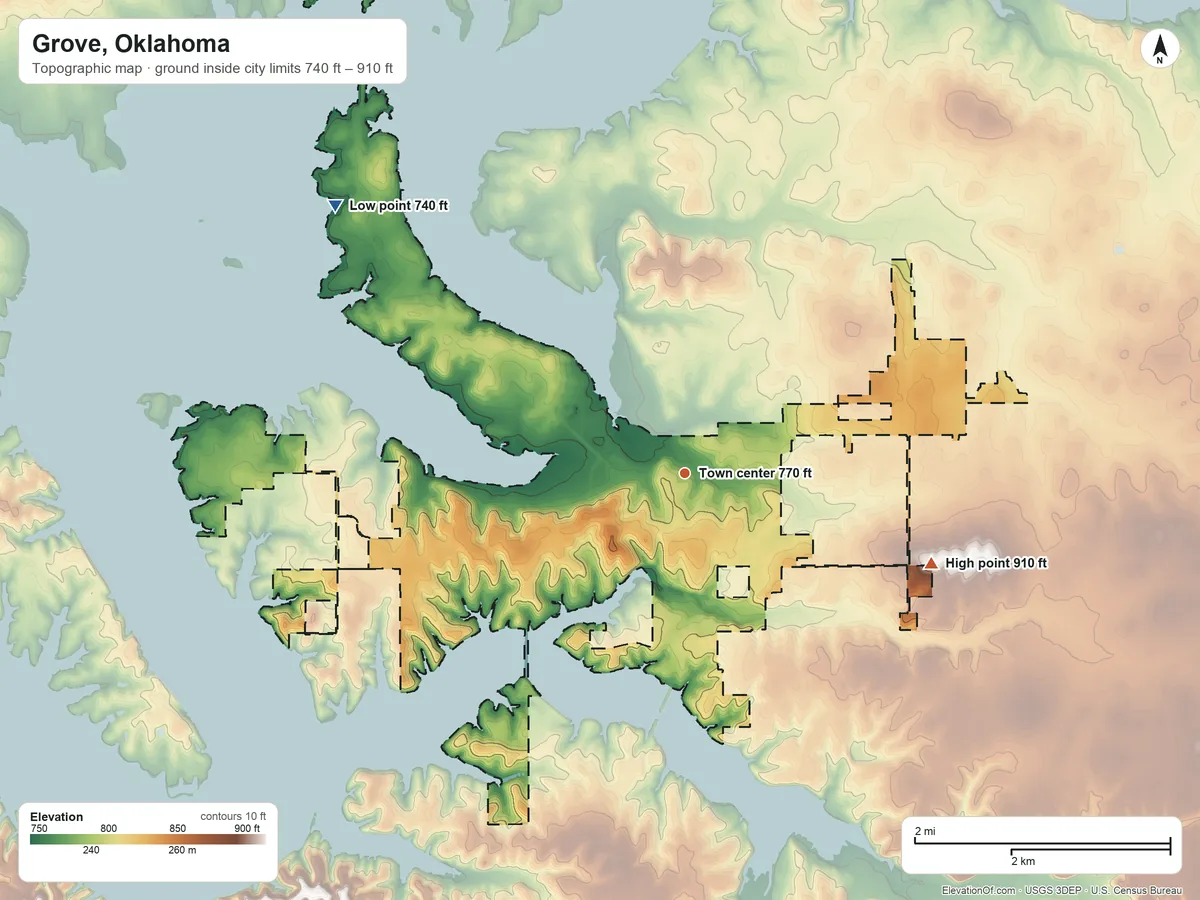 Topographic elevation map of Grove, Oklahoma, shaded from 740 ft on the northwest side to 910 ft on the east side